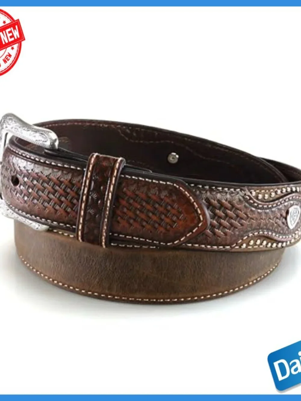 Men's Western Leather Belt with Basketweave Design and Nailhead Accents